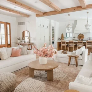 Photo by Alexis Austin - European Farmhouse Style., Peach fuzz color used in a setting indoors living room